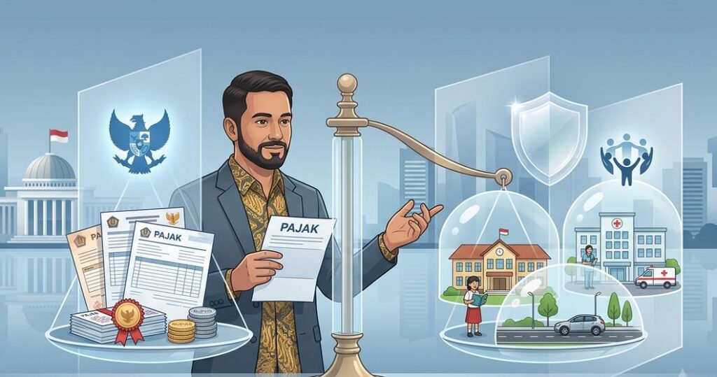 Ilustrasi wajib pajak yang dihadapkan pada pertimbangan antara kewajiban perpajakan, rasa keadilan, dan kepercayaan terhadap pengelolaan keuangan negara.